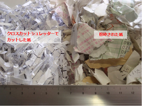 左がクロスカットシュレッターでカットした紙、右が破砕された紙です。
